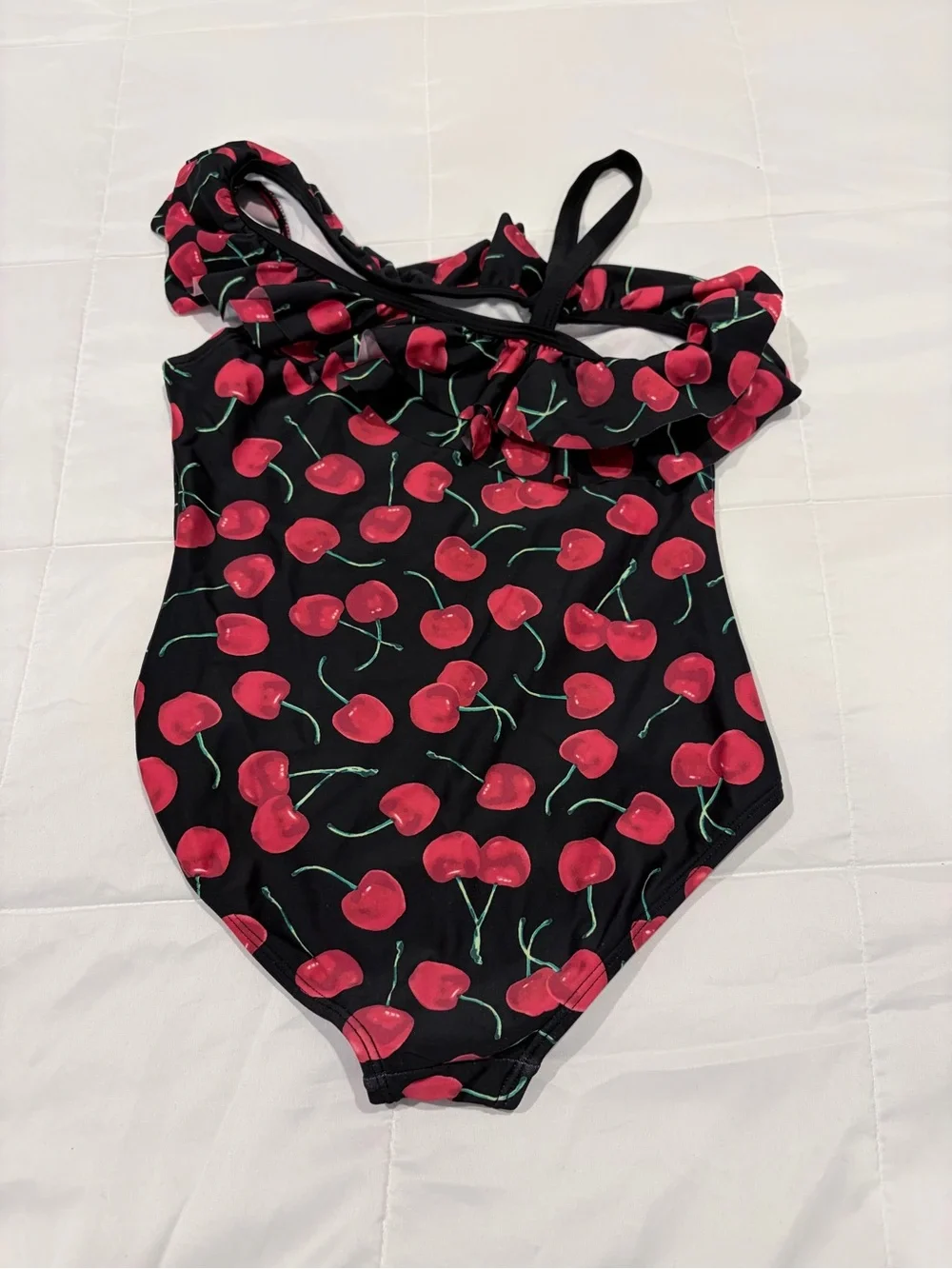 Kanu Surf Girls One-Shoulder Cherry Print Swimsuit - Black & Red